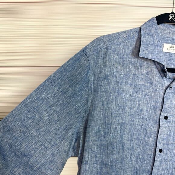 Garmany Linen Cotton Shirt Blue Button Down Long Sleeve Fitted Italy XL - Picture 6 of 12